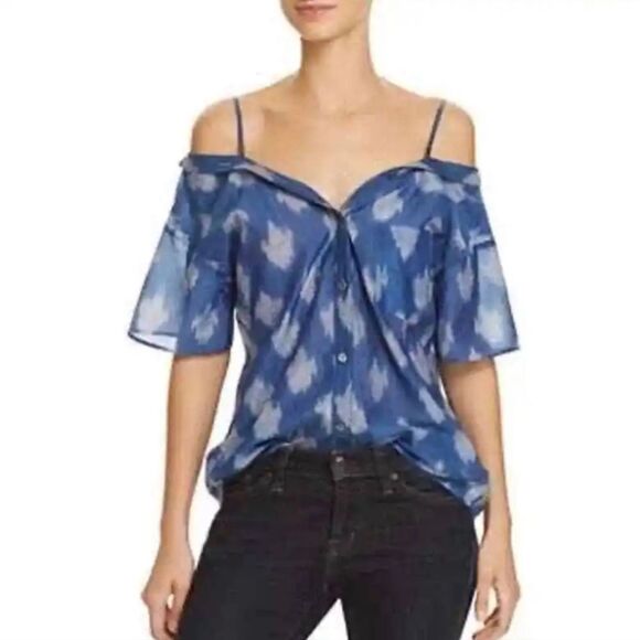 Theory Blue Patterned Off-Shoulder Blouse - Picture 1 of 8